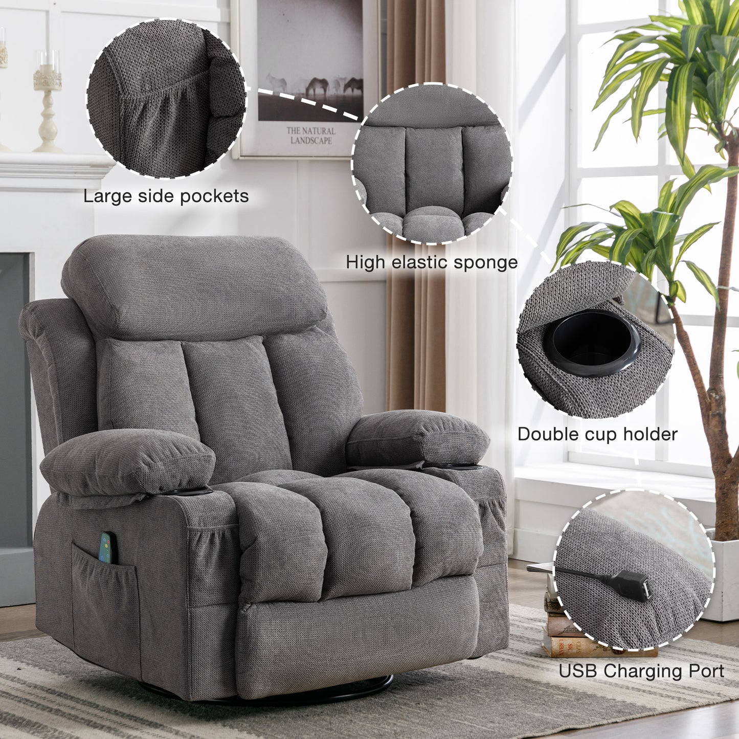 SYNGAR Recliner Chair for Elderly, Massage Chair with USB, Cup Holders and Side Pockets, Living Room Single Sofa Seat Nursery Swivel Rocker Sofa Lounge Chair, Heavy Duty Reclining Mechanism, Gray