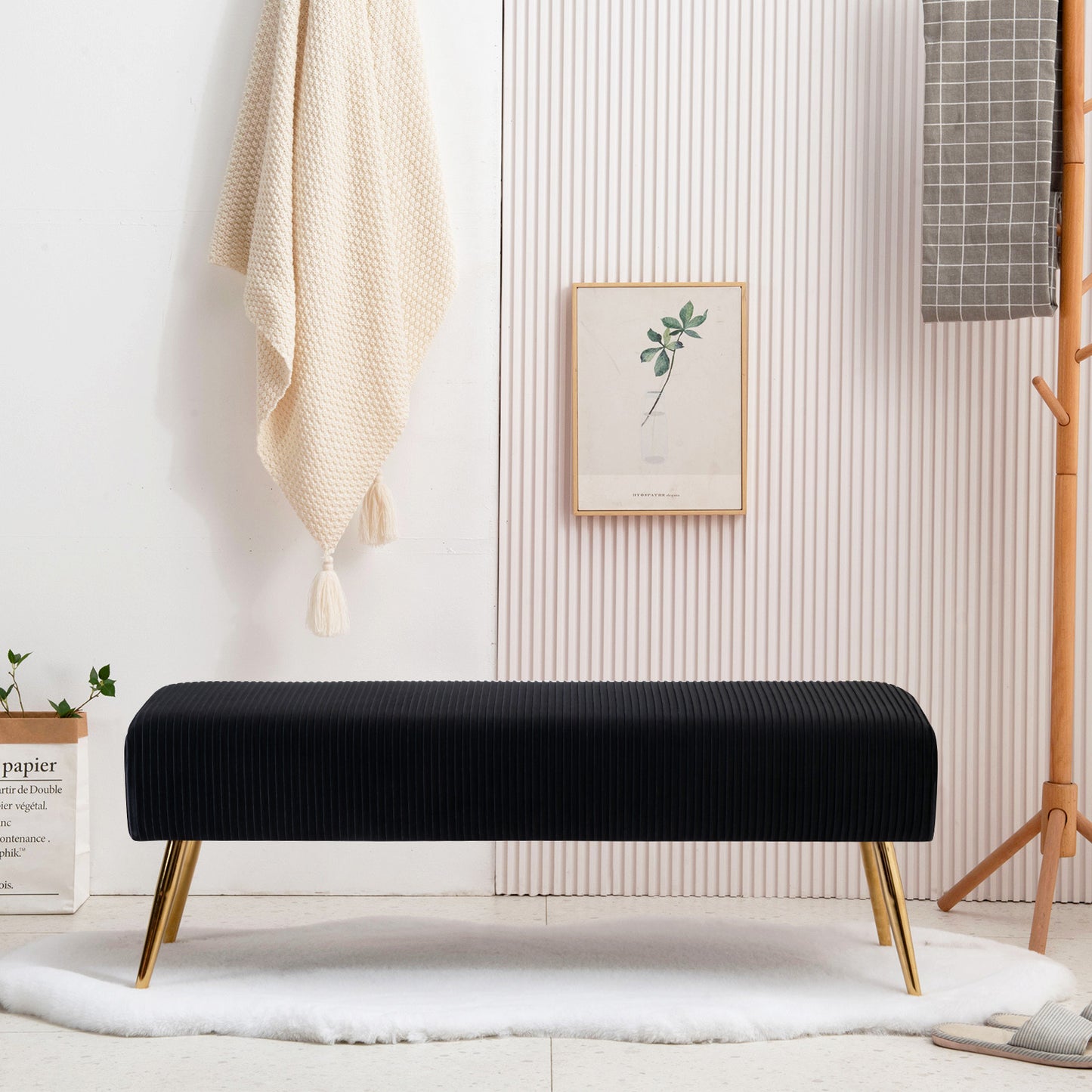 SYNGAR Upholstered Bench, Mid Century Modern Rectangular Footrest for Bedroom Entryway Channel, Velvet Fabric Bench for Bedroom End of Bed, Entryway Ottoman Bench with Gold Metal Legs, Black