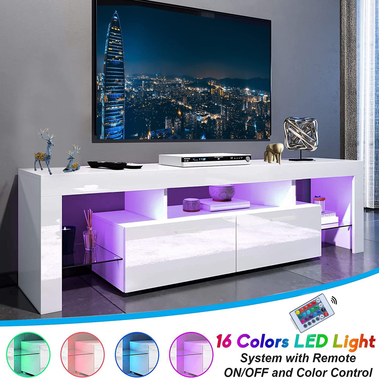 White TV Stand for 65 inch TV, Modern High Glossy Television Table Stands TV Cabinet Console Table with 16 Colors LED Lights, TV Buffet Cabinet with Storage, Living Room Entertainment Center