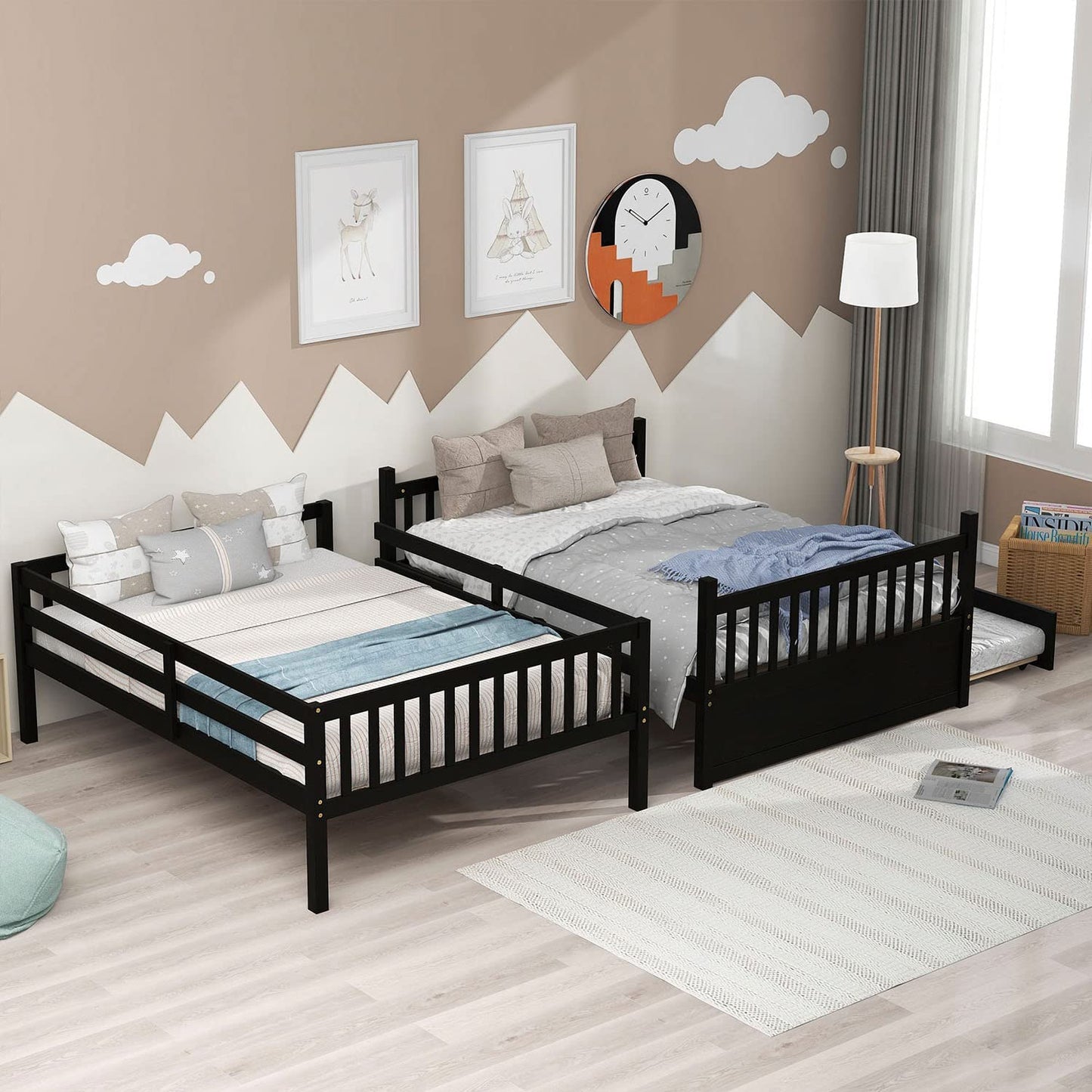 SYNGAR Full Over Full Bunk Bed with Trundle, Bunk Beds Convertible to 2 Platform Full Size Bed Frame with Guardrails and Ladder, Suitable for Kids, Teens, Adults, No Box Spring Needed, Espresso