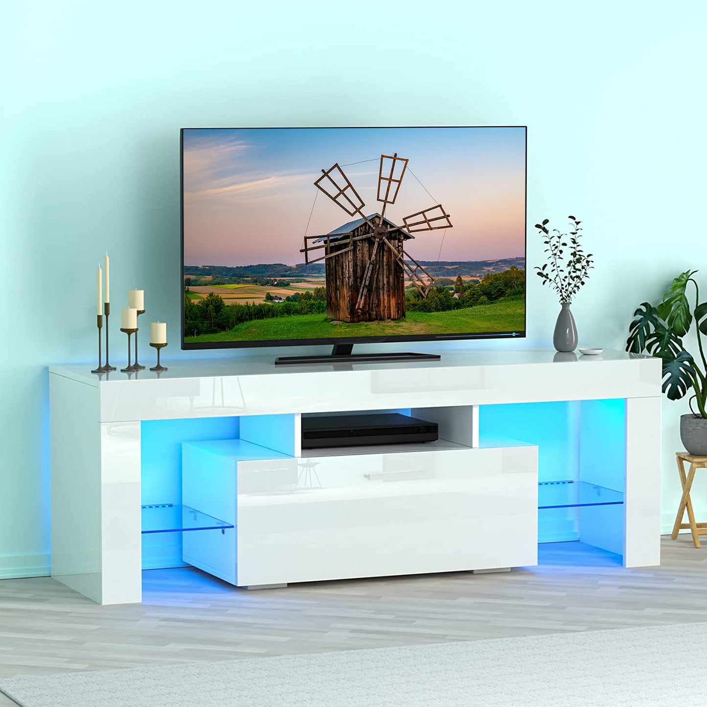 White TV Stand for 65 inch TV, Modern High Glossy Television Table Stands TV Cabinet Console Table with 16 Colors LED Lights, TV Buffet Cabinet with Storage, Living Room Entertainment Center