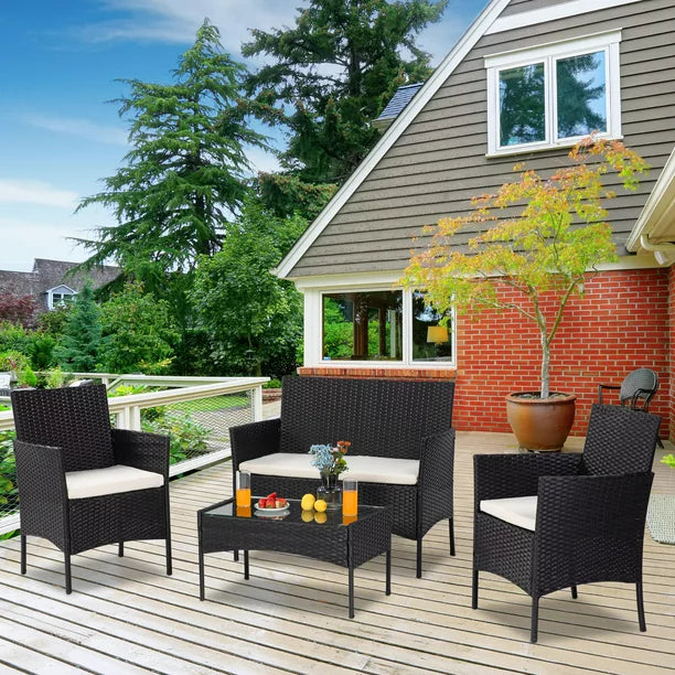 8 PCS Outdoor Patio Bistro Furniture Set, All-Weather Rattan Chair Set, Conversation Furniture Sets, Cushioned Seat & Glass Table, Bistro Table Set for Porch Garden Poolside Balcony