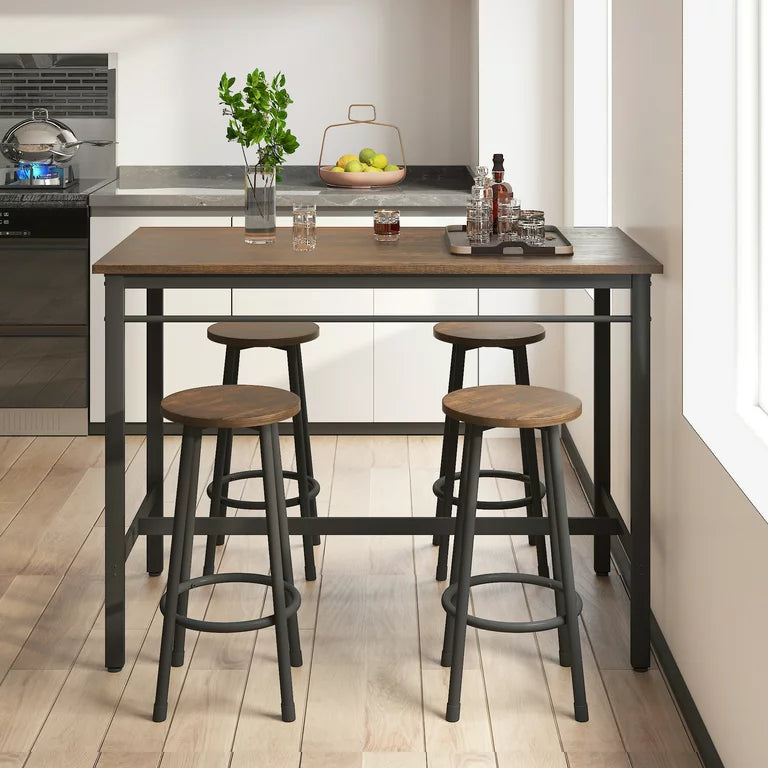 SYNGAR 5 Piece Bar Table Set, Kitchen Counter Height Table with 4 Stools, Space Saving Pub Table Set for 4 Person with Metal Frame, Wood Dining Table & Chair Set for Breakfast Nook Pub Bistro, B960