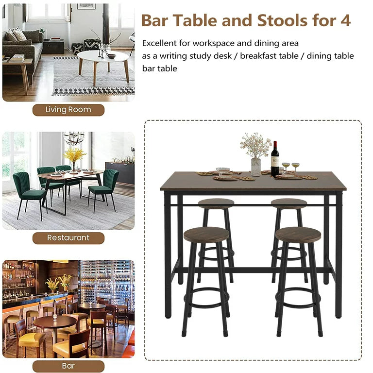 SYNGAR 5 Piece Bar Table Set, Kitchen Counter Height Table with 4 Stools, Space Saving Pub Table Set for 4 Person with Metal Frame, Wood Dining Table & Chair Set for Breakfast Nook Pub Bistro, B960