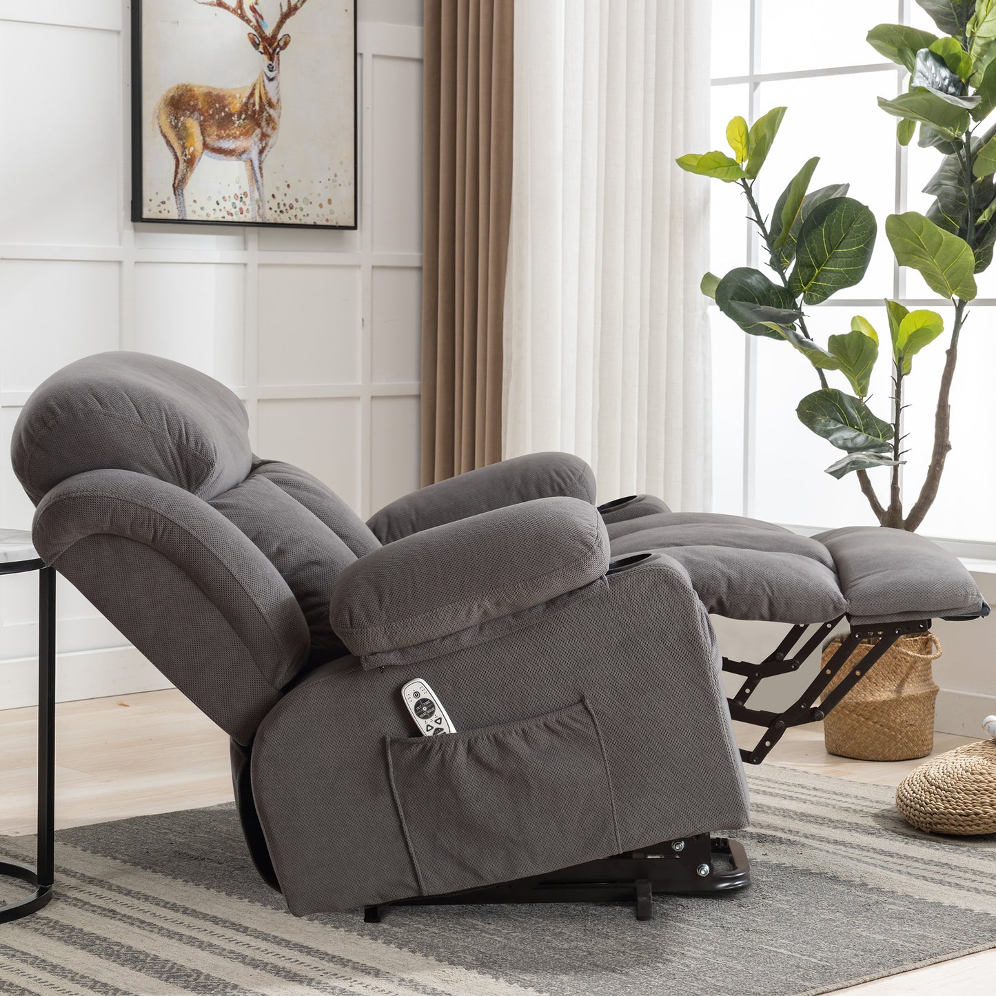 SYNGAR Power Lift Recliner Chair for Living Room, Electric Recliner Chair with Heat and Massage Function, USB Charge Port and Cup Holders, Oversized Velvet Reclining Sofa for Home Theater, Gray