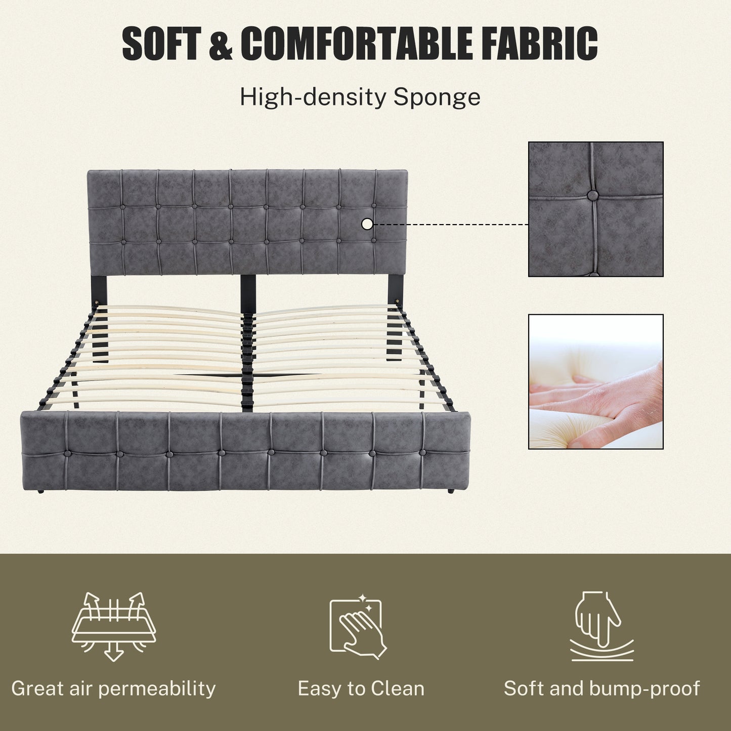 SYNGAR Queen Bed Frame, New Upgrade Queen Size Fabric Upholstered Platform Bed Frame with Elegant Headboard, Height Adjustable, Bedroom Furniture Platform Bed Frame, No Box Spring Needed, Gray
