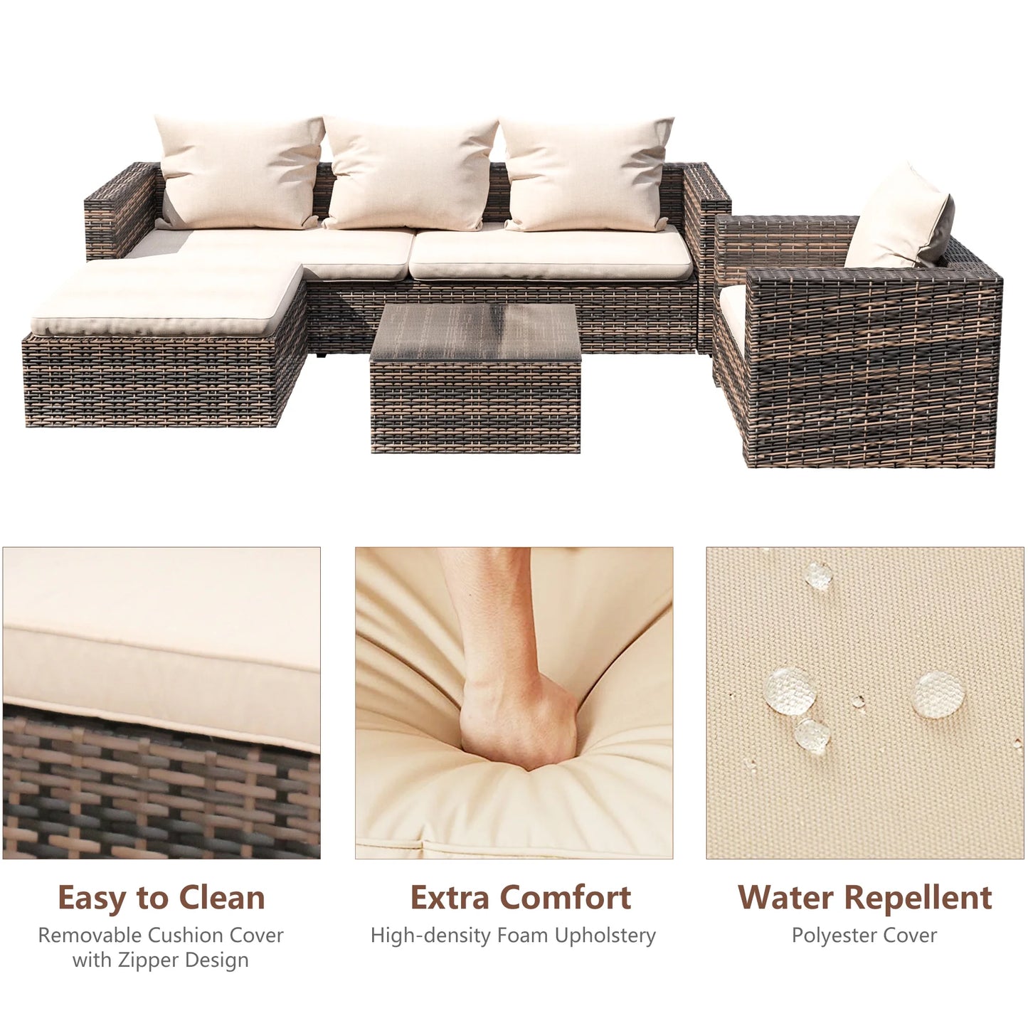 Rattan Patio Sofa Set, 4 Piece Outdoor Sectional Furniture Set, All-Weather PE Rattan Wicker Patio Conversation Set, Cushioned Sofa Set with Glass Table for Garden Pool Deck Porch, K2829