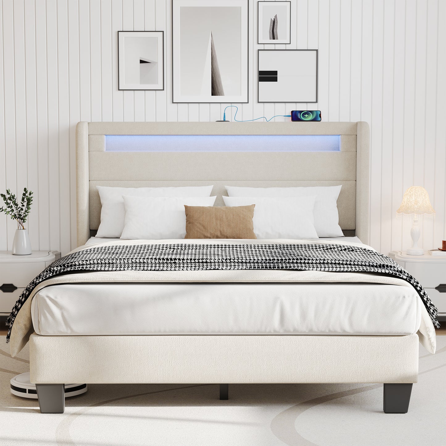 SYNGAR Full Bed Frame with LED Light Headboard, Modern Upholstered Platform Bed Frame with USB Port and Storage Headboard, Bedroom Furniture, No Box Spring Needed, Easy Assembly, Beige