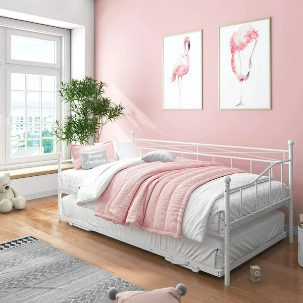 Premium Daybed Metal Bed Frame, Twin Size Bed with Trundle, Daybed and Roll Out Trundle for Kids Room Guest Room Apartment, Easy Assembly, Mattresses Sold Separately