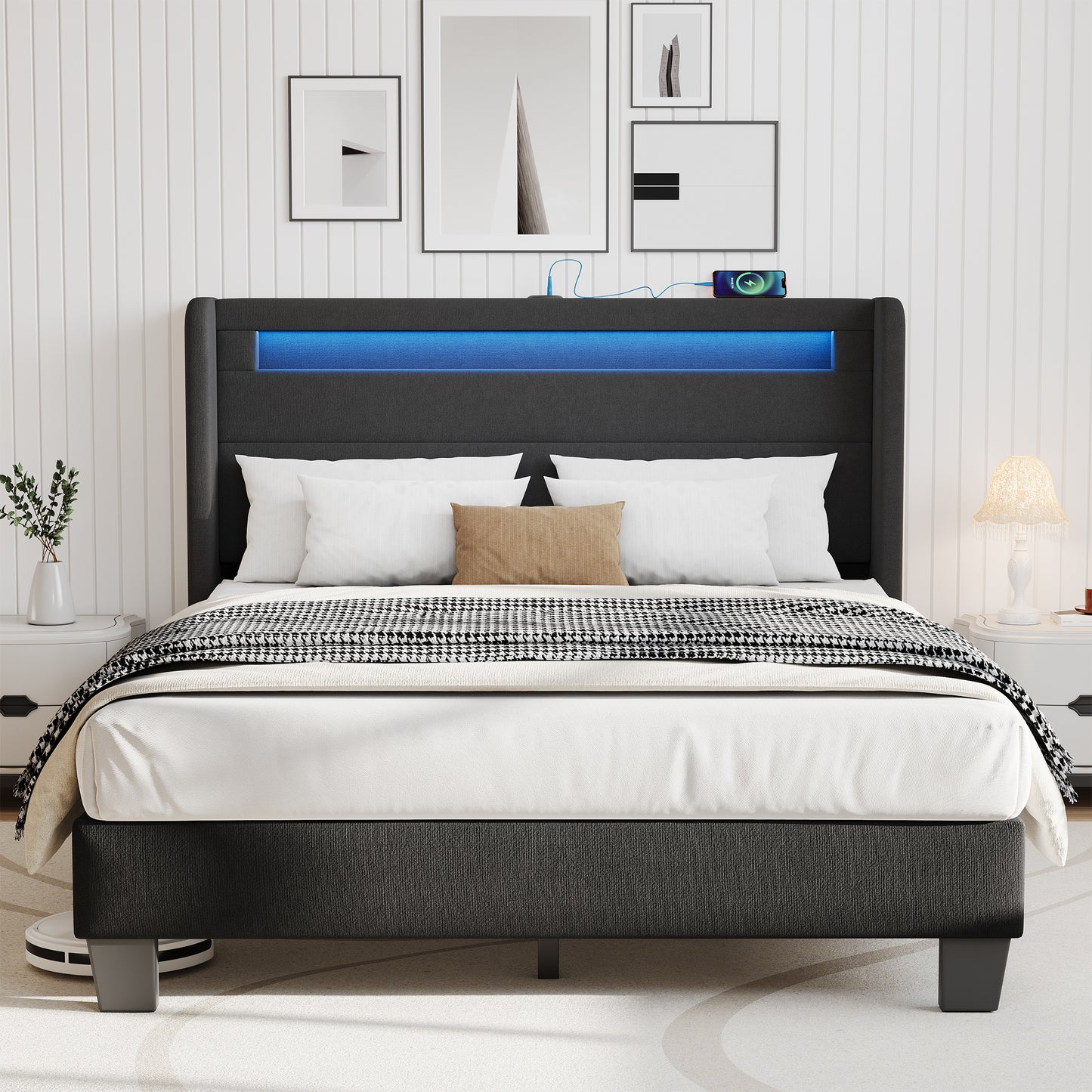 SYNGAR Full Bed Frame with LED Light Headboard, Modern Upholstered Platform Bed Frame with USB Port and Storage Headboard, Bedroom Furniture, No Box Spring Needed, Easy Assembly, Beige
