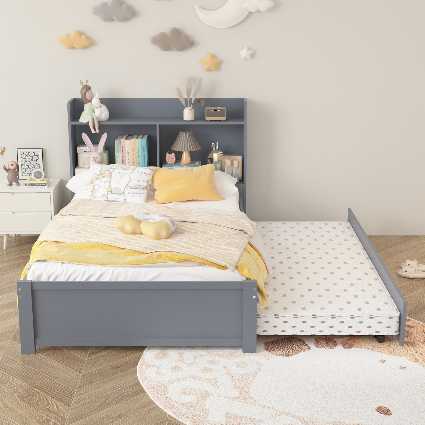 SYNGAR Twin Bed Frame with Trundle and Storage Bookcase, Modern Kids Platform Bed Frame with Pull Out Trundle, Solid Wood Trundle Bed with Headboard and Footboard, No Box Spring Needed, White