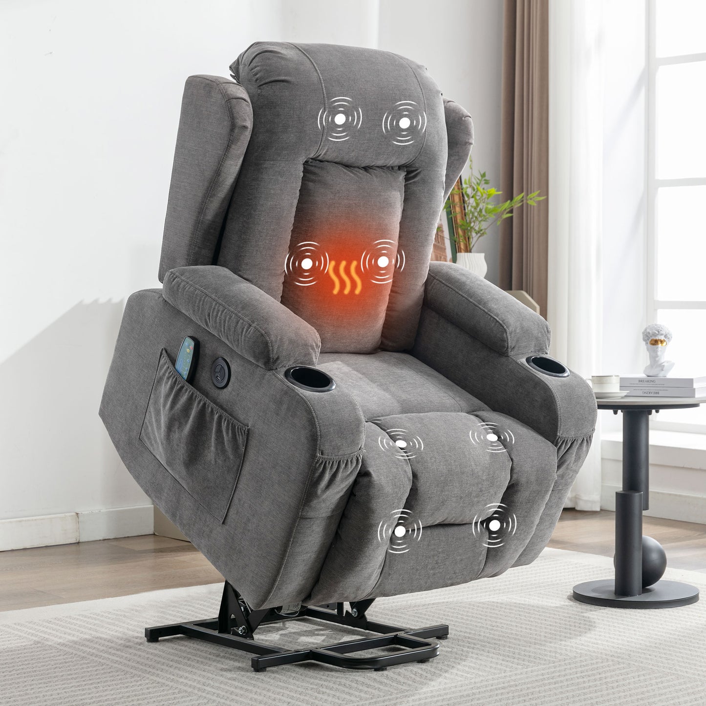 Power Lift Recliner Chair, Electric Elderly Sofa with Heat and Massage Function, Heavy Duty Reclining Mechanism with USB Charge Port, Cup Holders, Side Pockets for Living Room Home Theater, Brown