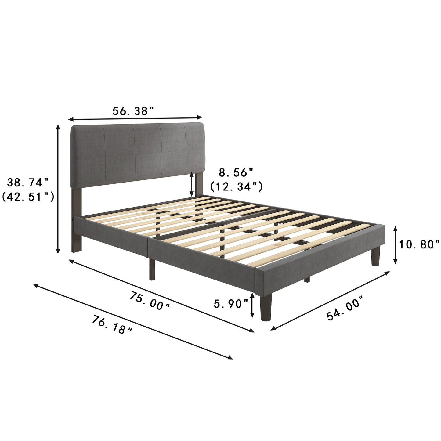 SYNGAR Gray Fabric Upholstered Platform Bed Frame Full Size with Height Adjustable Headboard, Metal Frame Bedroom Furniture with Strong Wooden Slat Support, No Box Spring Needed, Easy Assembly