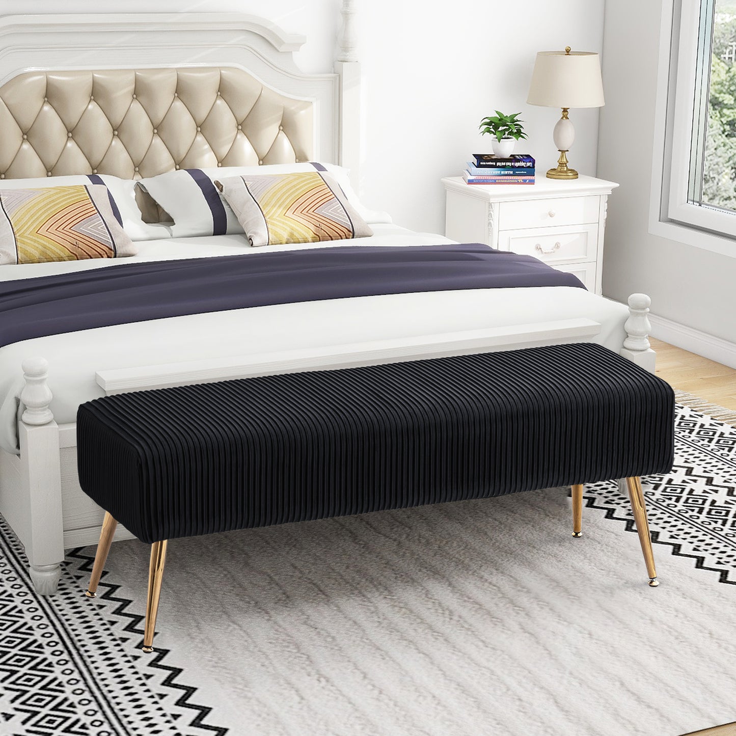 SYNGAR Upholstered Bench, Mid Century Modern Rectangular Footrest for Bedroom Entryway Channel, Velvet Fabric Bench for Bedroom End of Bed, Entryway Ottoman Bench with Gold Metal Legs, Black