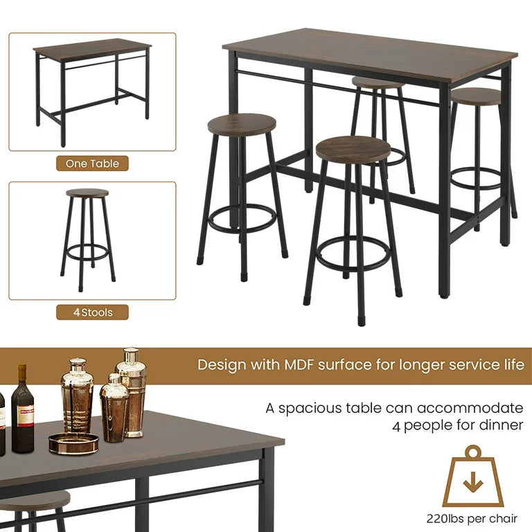 SYNGAR 5 Piece Bar Table Set, Kitchen Counter Height Table with 4 Stools, Space Saving Pub Table Set for 4 Person with Metal Frame, Wood Dining Table & Chair Set for Breakfast Nook Pub Bistro, B960