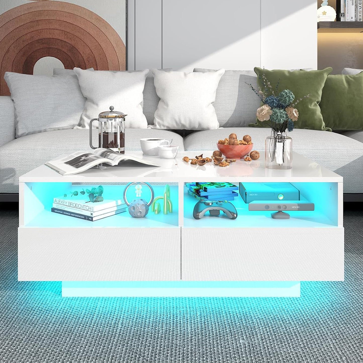 SYNGAR LED Coffee Table with 4 Storage Sliding Drawers and Open Shelves, Modern High Glossy Center Table Rectangular with Multiple Colors LED Lights for Living Room Bedroom, Easy Assembly, White