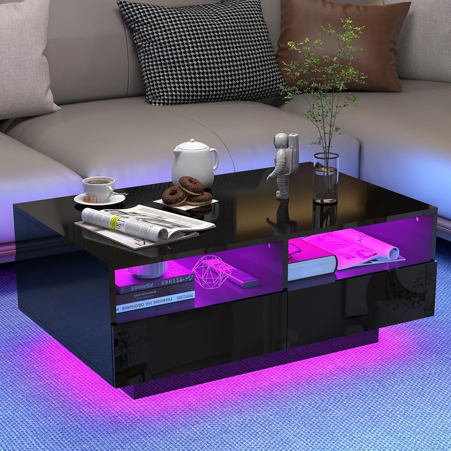 SYNGAR LED Coffee Table with 4 Storage Sliding Drawers and Open Shelves, Modern High Glossy Center Table Rectangular with Multiple Colors LED Lights for Living Room Bedroom, Easy Assembly, White