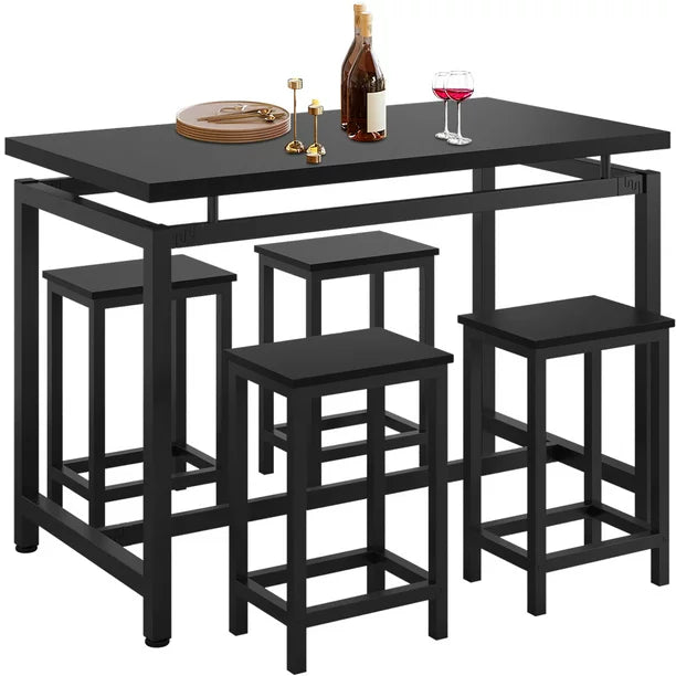 SYNGAR 5 Piece Bar Table Set, Kitchen Counter Height Table with 4 Stools, Space Saving Pub Table Set for 4 Person with Metal Frame, Wood Dining Table & Chair Set for Breakfast Nook Pub Bistro, B960