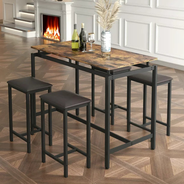 SYNGAR 5 Piece Bar Table Set, Kitchen Counter Height Table with 4 Stools, Space Saving Pub Table Set for 4 Person with Metal Frame, Wood Dining Table & Chair Set for Breakfast Nook Pub Bistro, B960