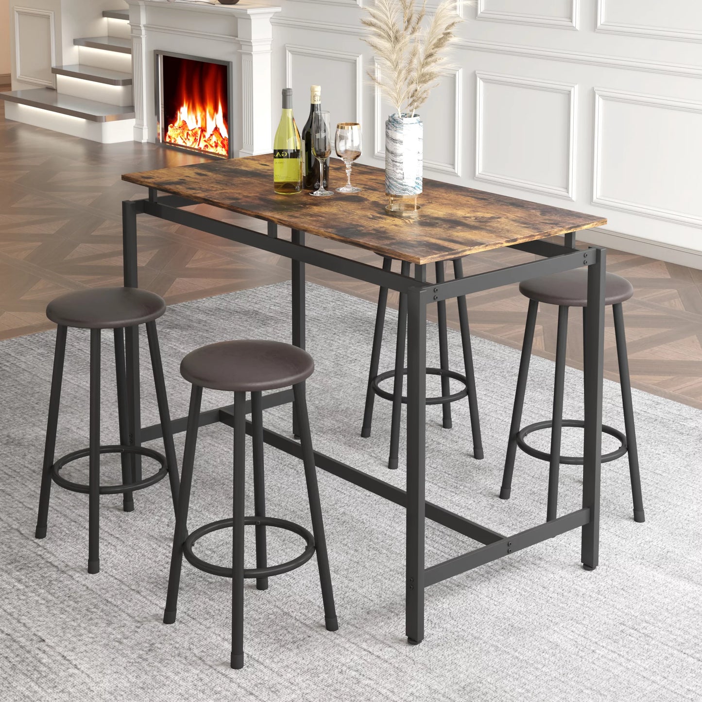 SYNGAR 5 Piece Bar Table Set, Kitchen Counter Height Table with 4 Stools, Space Saving Pub Table Set for 4 Person with Metal Frame, Wood Dining Table & Chair Set for Breakfast Nook Pub Bistro, B960