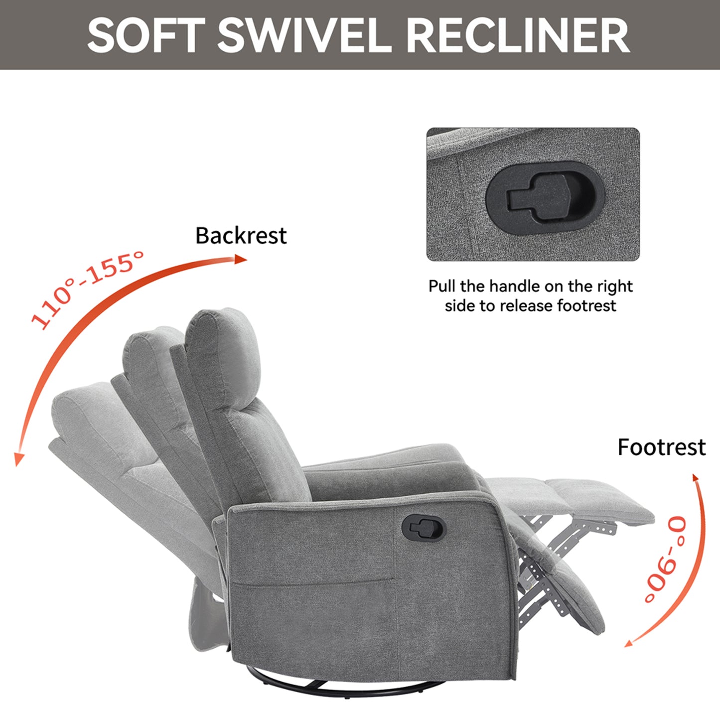 SYNGAR Swivel Rocker Recliner Chair for Living Room, Manual Reclining Chair with Heat and Massage Function, Fabric Single Rocking Sofa with Side Pocket for Home Theater, Gray