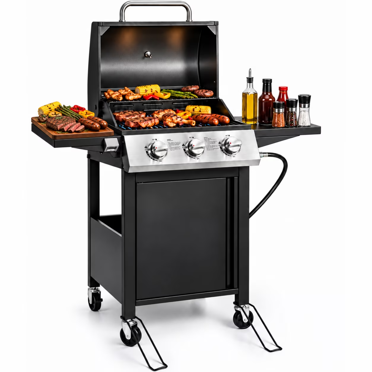 Syngar 3 Burner BBQ Gas Grill, Propane Gas Grill with Side Tables, Stainless Steel, 30000 Btu Barbecue Grills with Wheels, Bottle Opener, For Camping, 09