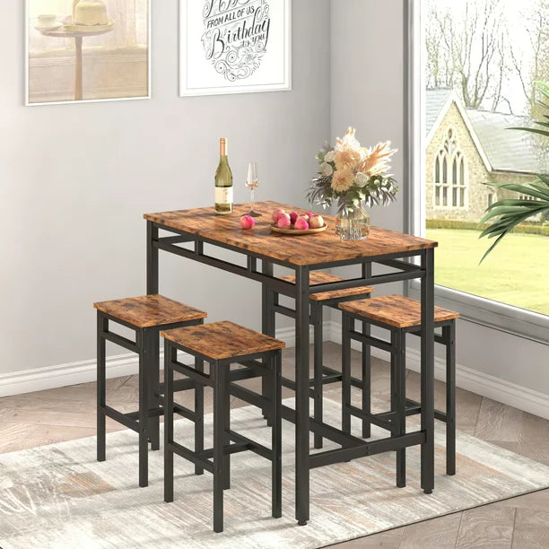 SYNGAR 5 Piece Bar Table Set, Kitchen Counter Height Table with 4 Stools, Space Saving Pub Table Set for 4 Person with Metal Frame, Wood Dining Table & Chair Set for Breakfast Nook Pub Bistro, B960