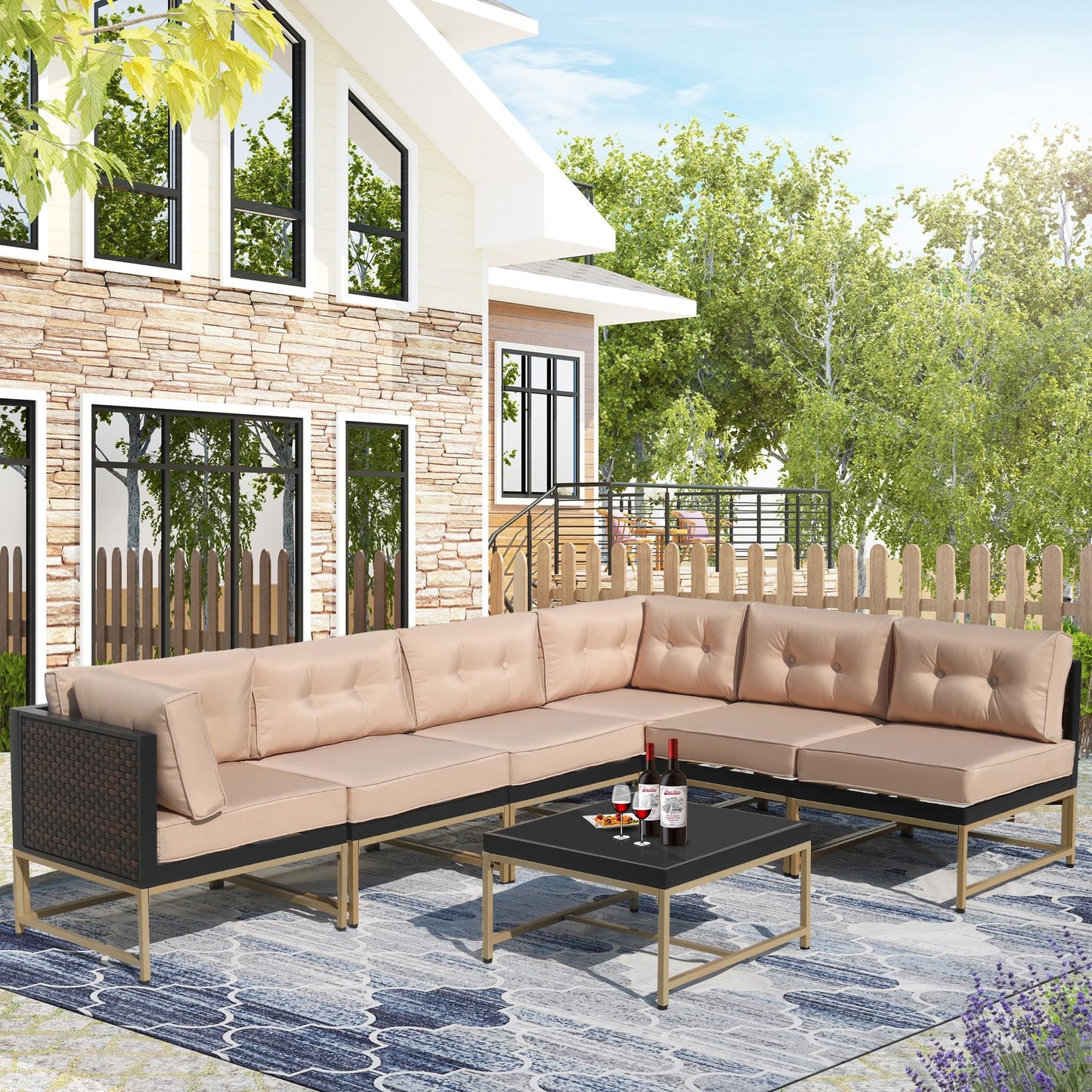 Syngar Outdoor Sofa Chairs Set, Patio Metal Furniture Set with Brown Cushions, 7 Piece Conversation Sofas with Corner Sofas, Armless Sofa and Coffee Table, for Backyard, Poolside, Deck, Balcony