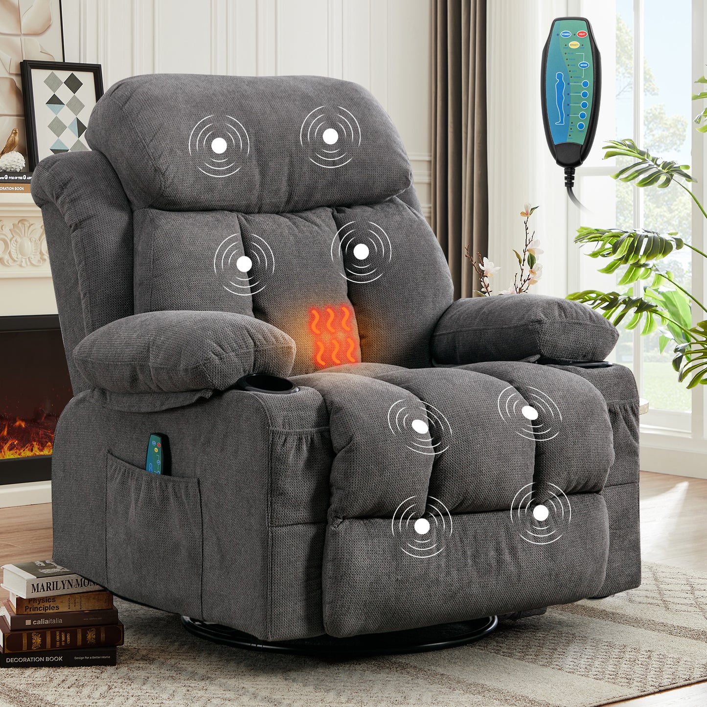 SYNGAR Oversized Recliner Chair, 360° Swivel Rocker Reclining Chair with Massage and Heat Function, USB, Cup Holders and Side Pockets, Living Room Single Sofa Seat Nursery Lounge Chair, Grey