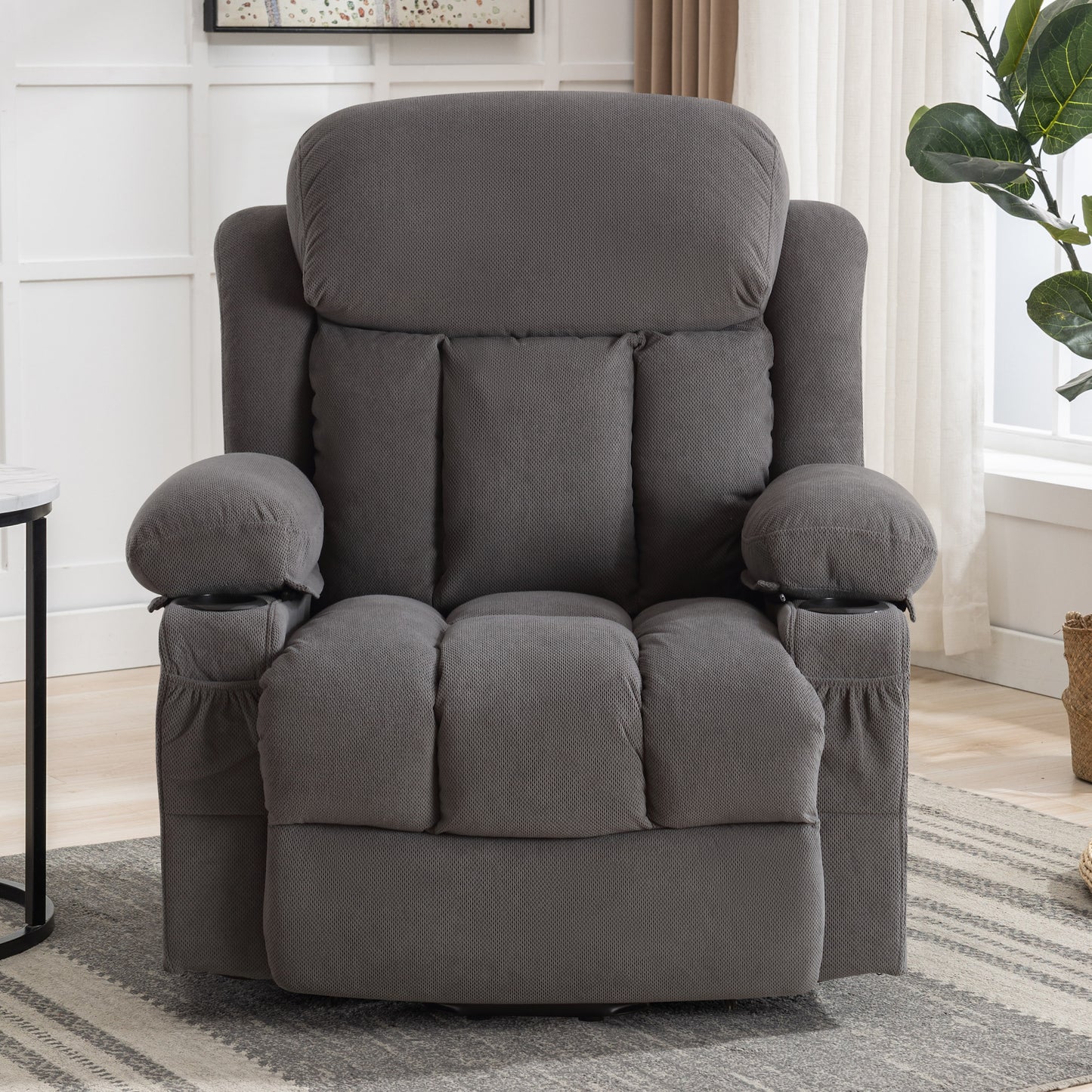 SYNGAR Power Lift Recliner Chair for Living Room, Electric Recliner Chair with Heat and Massage Function, USB Charge Port and Cup Holders, Oversized Velvet Reclining Sofa for Home Theater, Gray
