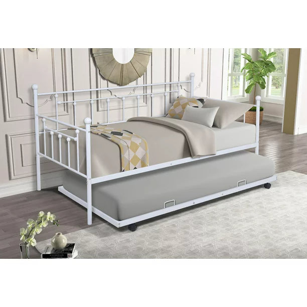 Premium Daybed Metal Bed Frame, Twin Size Bed with Trundle, Daybed and Roll Out Trundle for Kids Room Guest Room Apartment, Easy Assembly, Mattresses Sold Separately