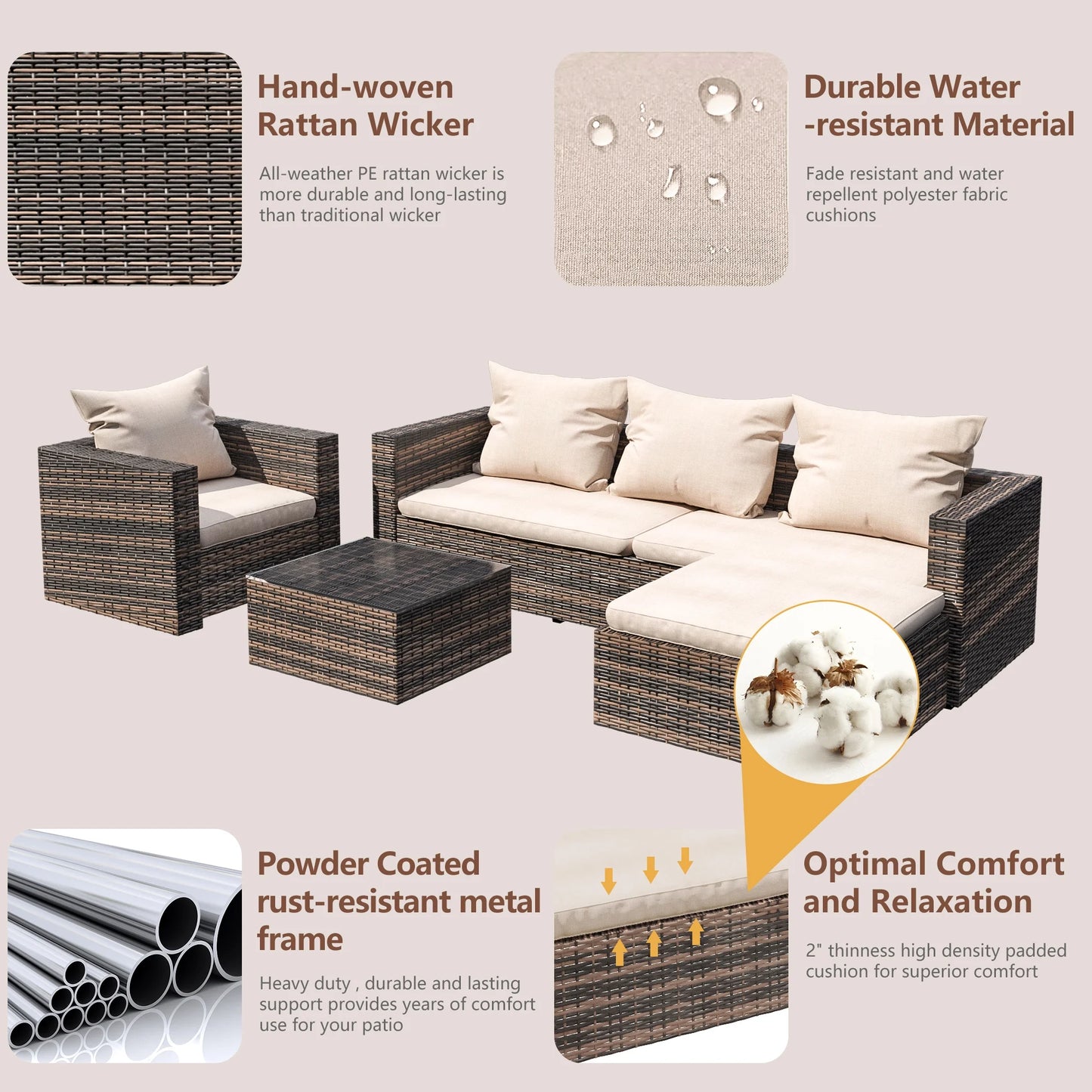 Rattan Patio Sofa Set, 4 Piece Outdoor Sectional Furniture Set, All-Weather PE Rattan Wicker Patio Conversation Set, Cushioned Sofa Set with Glass Table for Garden Pool Deck Porch, K2829