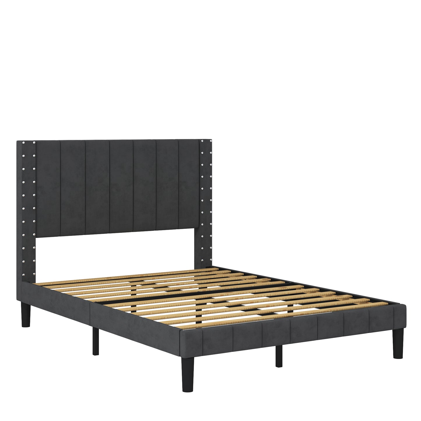 SYNGAR Full Bed Frame, New Upgrade Full Size Fabric Upholstered Platform Bed Frame with Elegant Headboard, Bedroom Furniture Wooden Frame Platform Bed Frame, No Box Spring Needed, Dark Gray