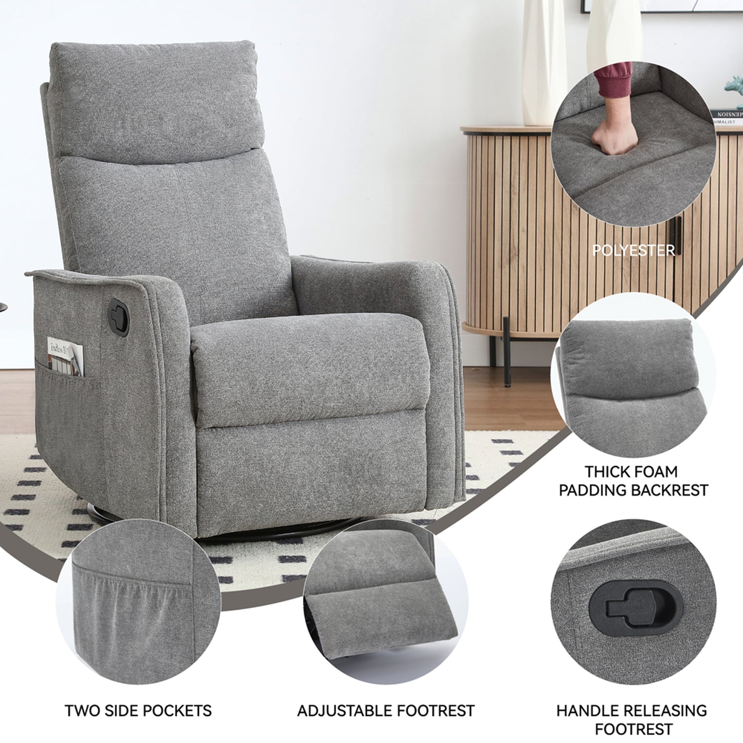 SYNGAR Swivel Rocker Recliner Chair for Living Room, Manual Reclining Chair with Heat and Massage Function, Fabric Single Rocking Sofa with Side Pocket for Home Theater, Gray
