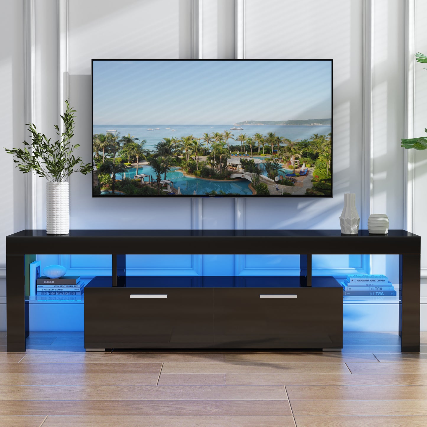 White TV Stand for 65 inch TV, Modern High Glossy Television Table Stands TV Cabinet Console Table with 16 Colors LED Lights, TV Buffet Cabinet with Storage, Living Room Entertainment Center