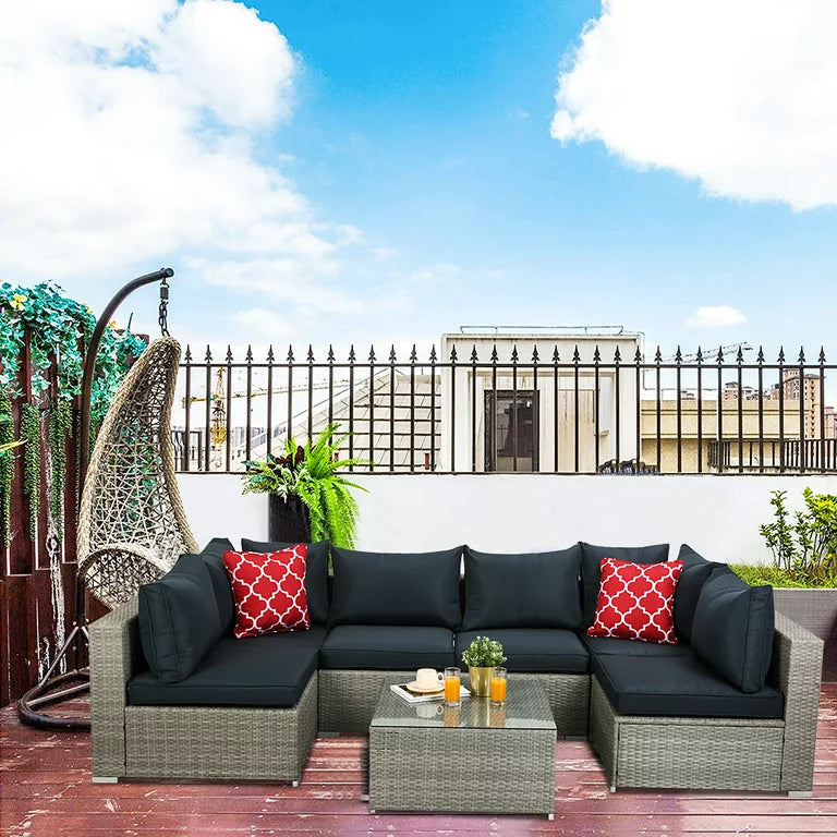 7 Piece Outdoor Patio Furniture Sofa Sets, Sectional Rattan Couch Set, All-Weather Wicker Deck Conversation Set with Coffee Table and Cushions, Bistro Set for Front Porch Garden Yard Poolside, K2773