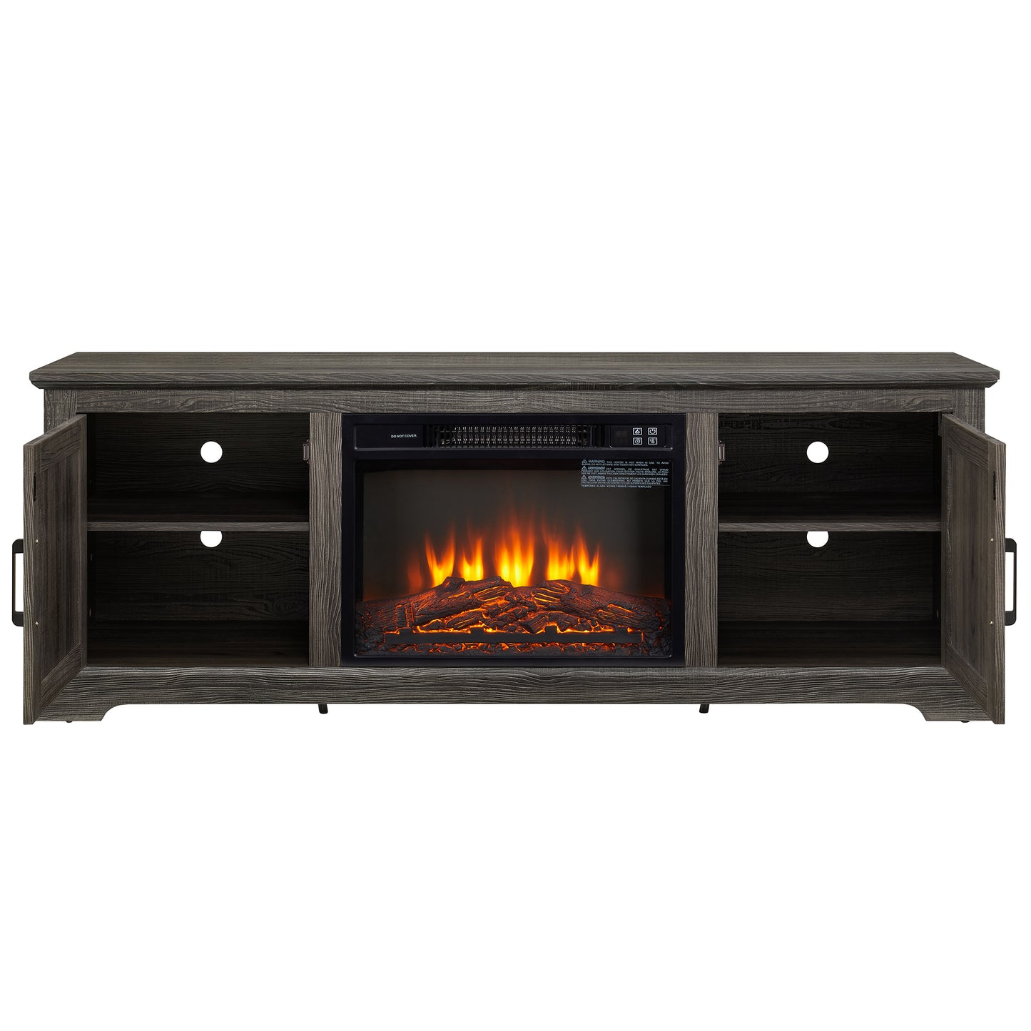 SYNGAR Electric Fireplace TV Stand for 70" TV, Farmhouse TV Stand Entertainment Center with Rattan Doors for Living Room, Wood TV Console with Adjustable Shelves, Remote Control, Gray