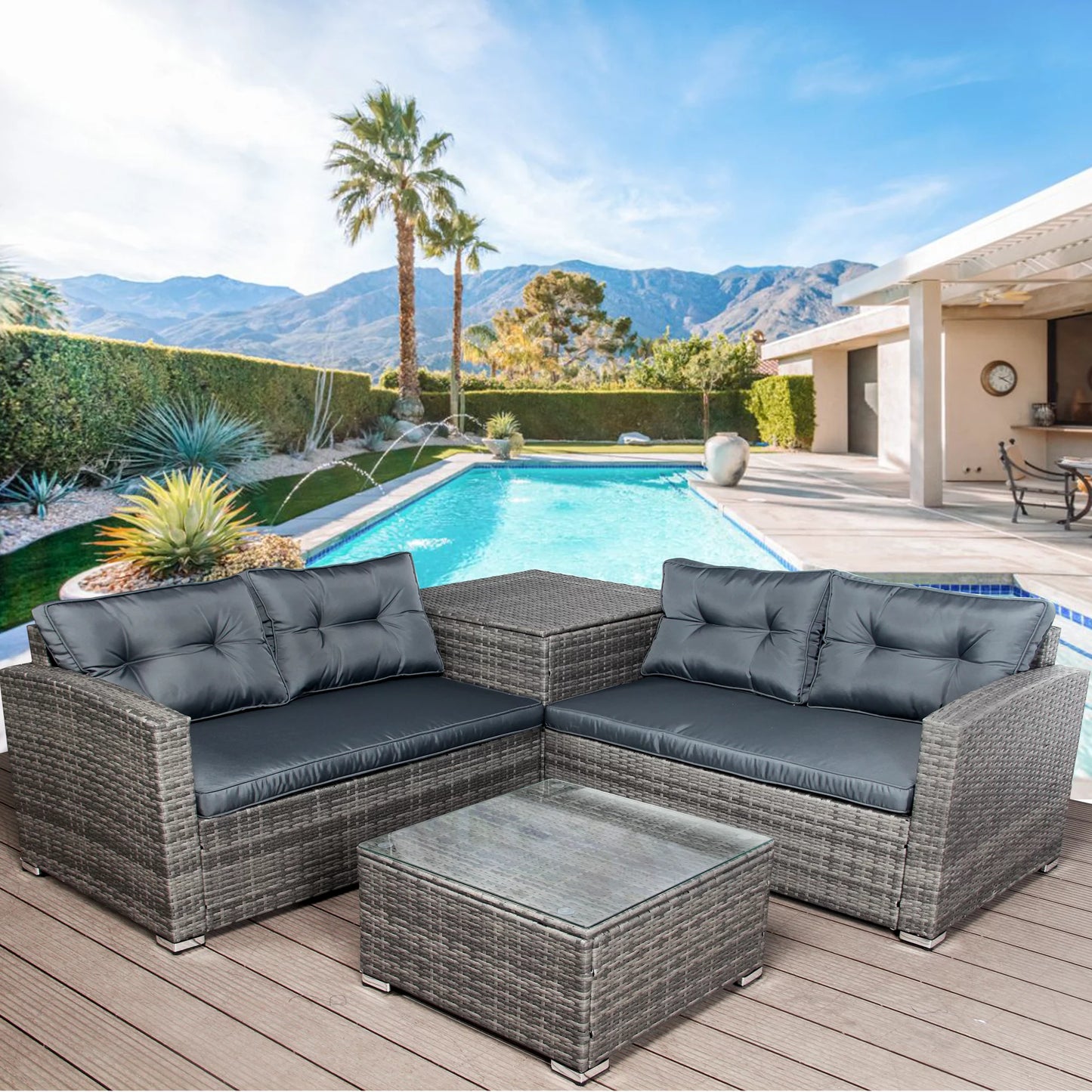 SYNGAR 4 Pieces Patio Furniture Sectional Set, Outdoor All-Weather Manual Weaving Wicker Conversation Set with Cushion & Table, Rattan Sectional Sofa Set, Yard Porch Deck Use Furniture Set, B630