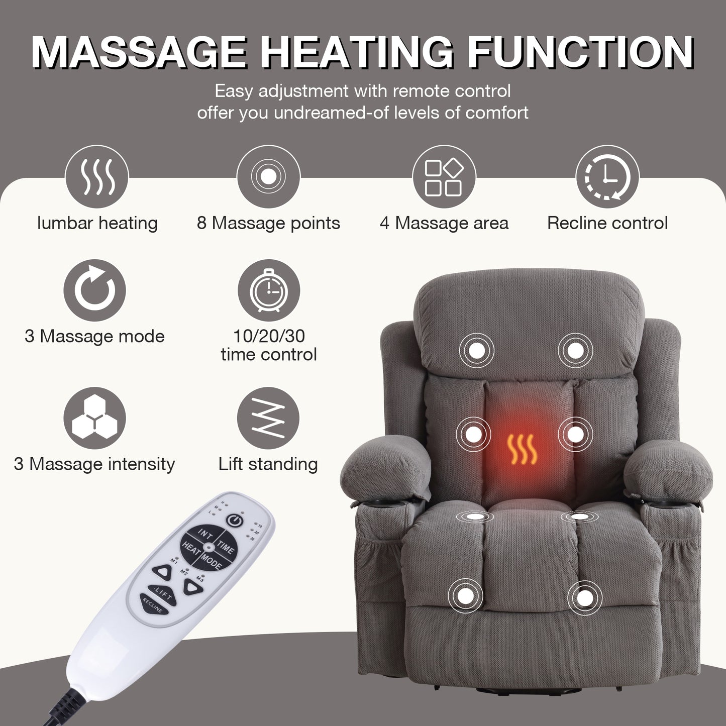 SYNGAR Power Lift Recliner Chair for Living Room, Electric Recliner Chair with Heat and Massage Function, USB Charge Port and Cup Holders, Oversized Velvet Reclining Sofa for Home Theater, Gray