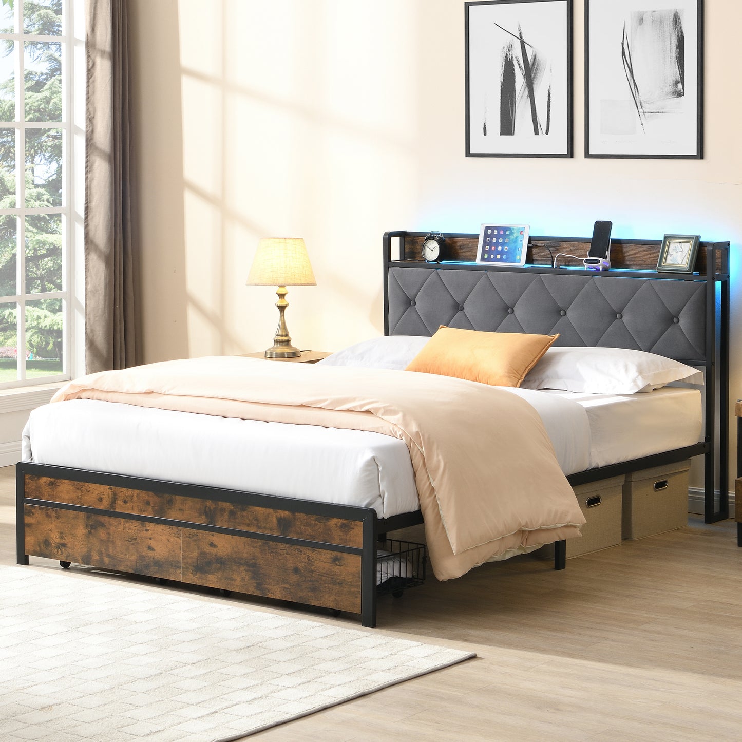 Full Bed Frame with Upholstered Headboard and LED Light, SYNGAR Platform Bed Frame with Charging Station and 2 Drawers, No Box Spring Needed, Easy Assembly, Oak Color