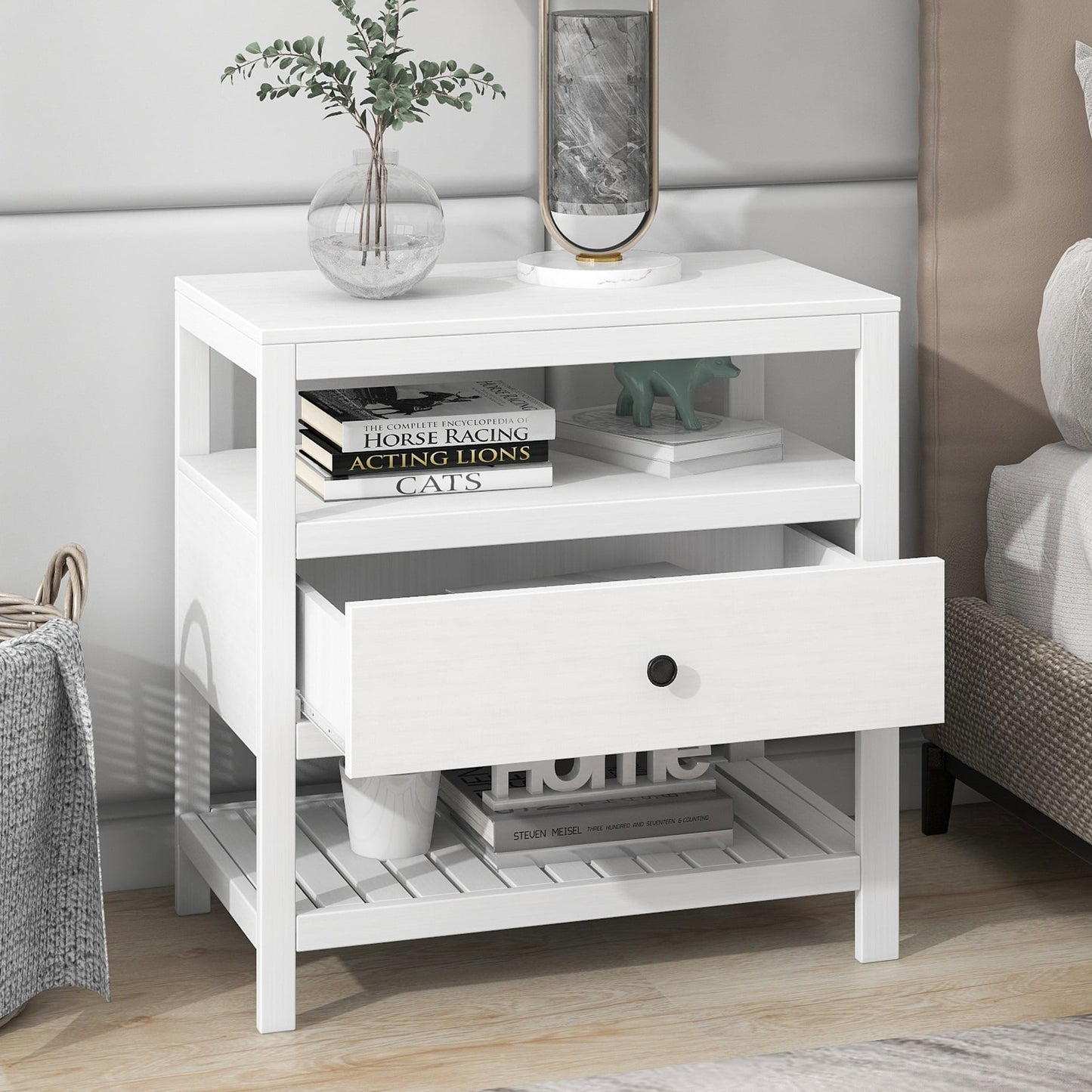 SYNGAR Gray Nightstand with Charging Station, Modern Solid Wood Nightstand with Large Slide Drawer and 2 Doors Flip Cabinet, Easy to Assemble, LJ1686
