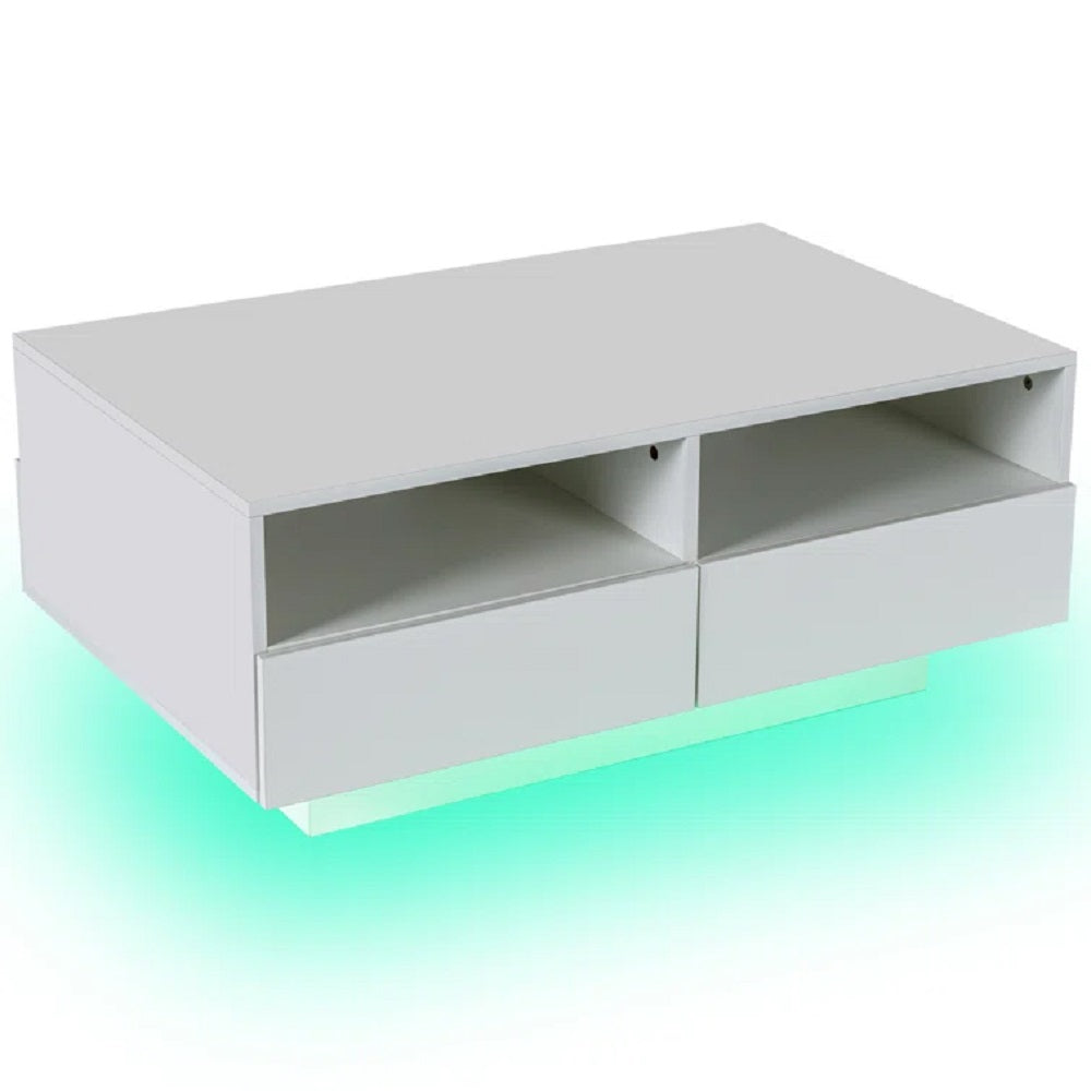 SYNGAR LED Coffee Table with 4 Storage Sliding Drawers and Open Shelves, Modern High Glossy Center Table Rectangular with Multiple Colors LED Lights for Living Room Bedroom, Easy Assembly, White