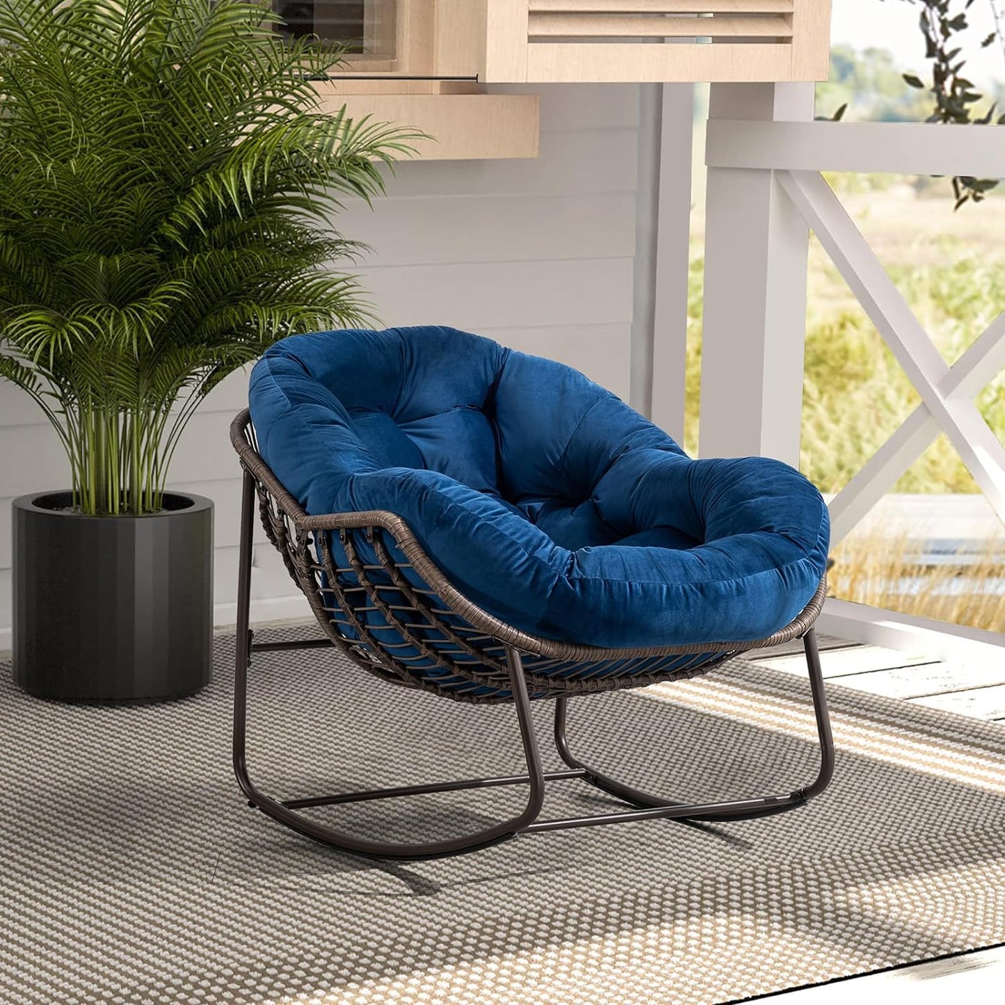 Syngar Outdoor Rocking Chair, Patio Oversized Wicker Egg-Shaped Rocker Chair with Gray Padded Cushion, Indoor & Outdoor Comfy Lounge Recliner Chair for Balcony, Poolside, Garden, Backyard, Deck