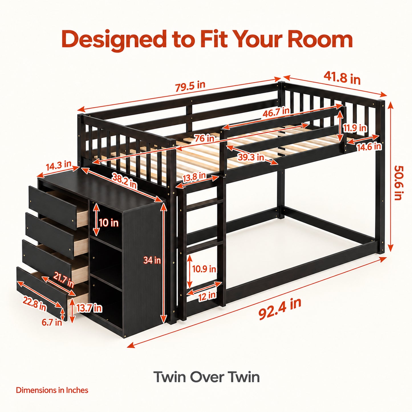 Syngar Twin Over Twin Bunk Bed with Storage, Wood Bunk Bed with 4 Drawers and 3 Shelves, Low Bunk Bed Frame with Reversible Ladder for Kids and Teens, Black