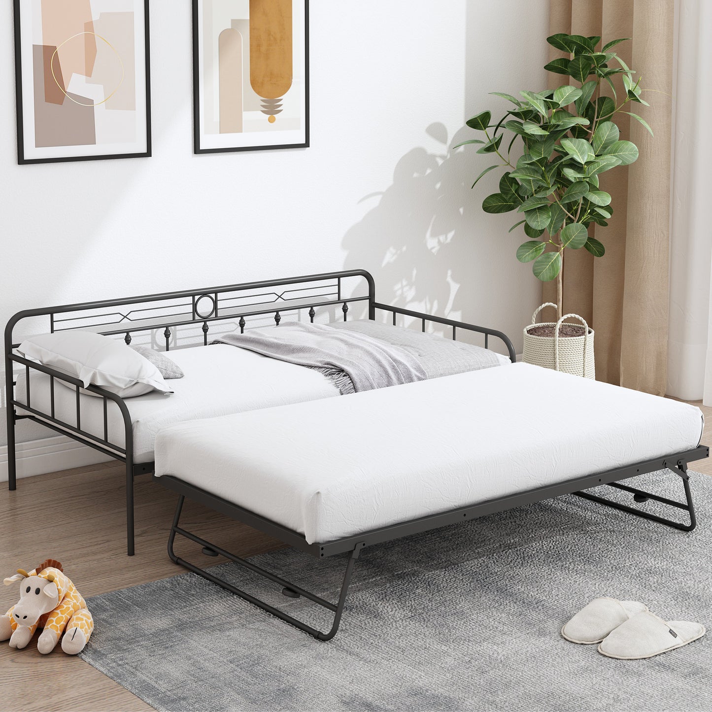 SYNGAR Twin Size Daybed with Pop Up Trundle for Kids Adults, Modern Metal Sofa Bed Platform Bed with Adjustable Trundle Can be Risen as High as Bed, Strong Steel Slat Support, Black