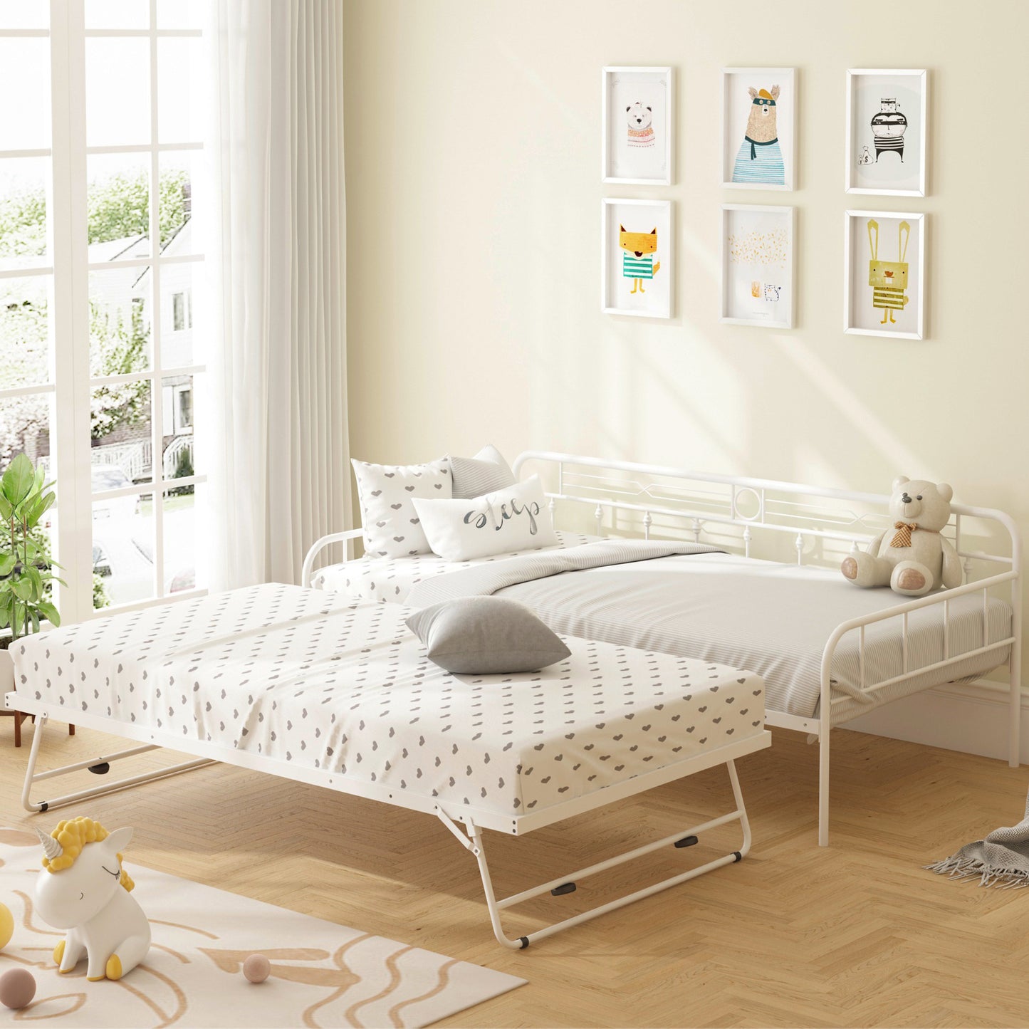 SYNGAR Daybed with Trundle, Twin Size Metal Daybed with Pop Up Trundle, Sofa Bed Day Beds Frame, Bedroom Living Room Furniture for Kids Boys Girls Adults Guest, White