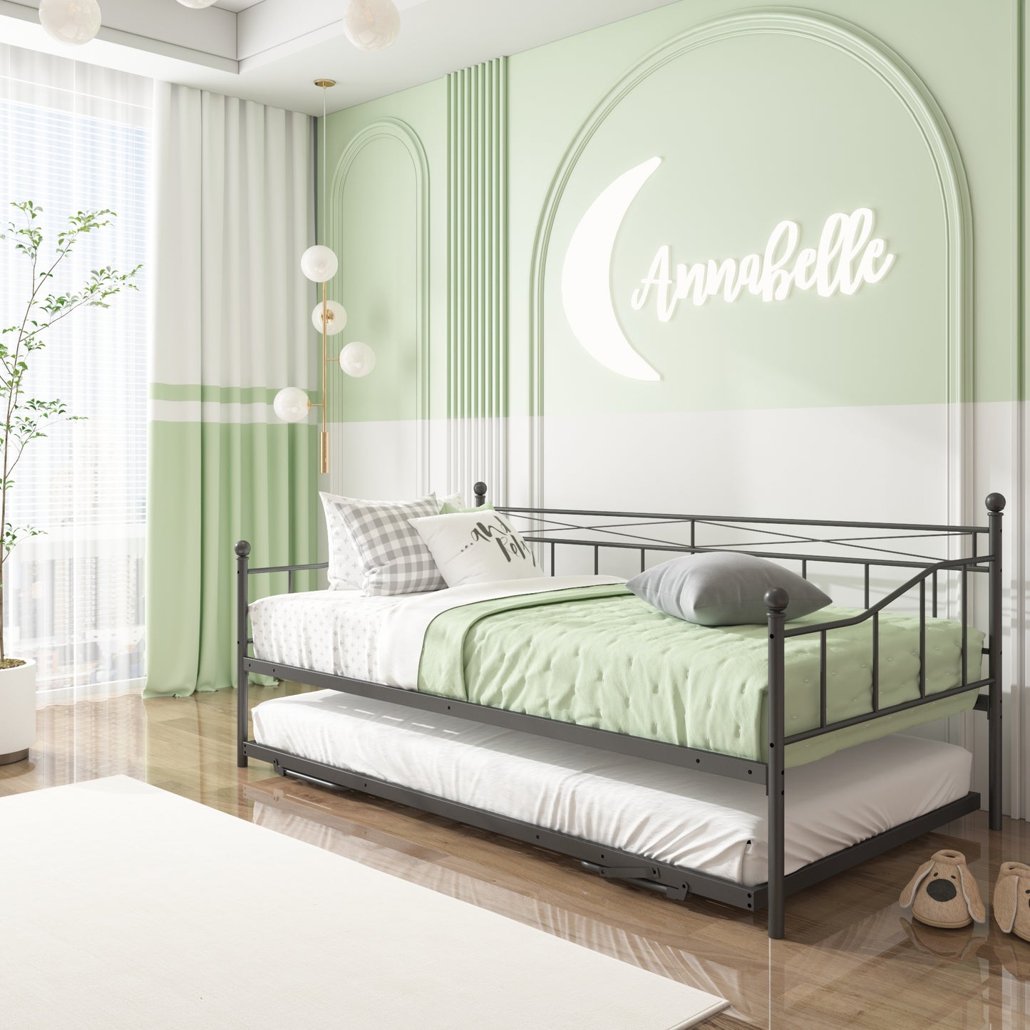 SYNGAR Metal Twin Size Daybed with Roll-Out Trundle, Multifunctional Platform Portable Folding Trundle Bed Frame, Mattress Foundation/Children Bed Sofa for Guest Living Room, White