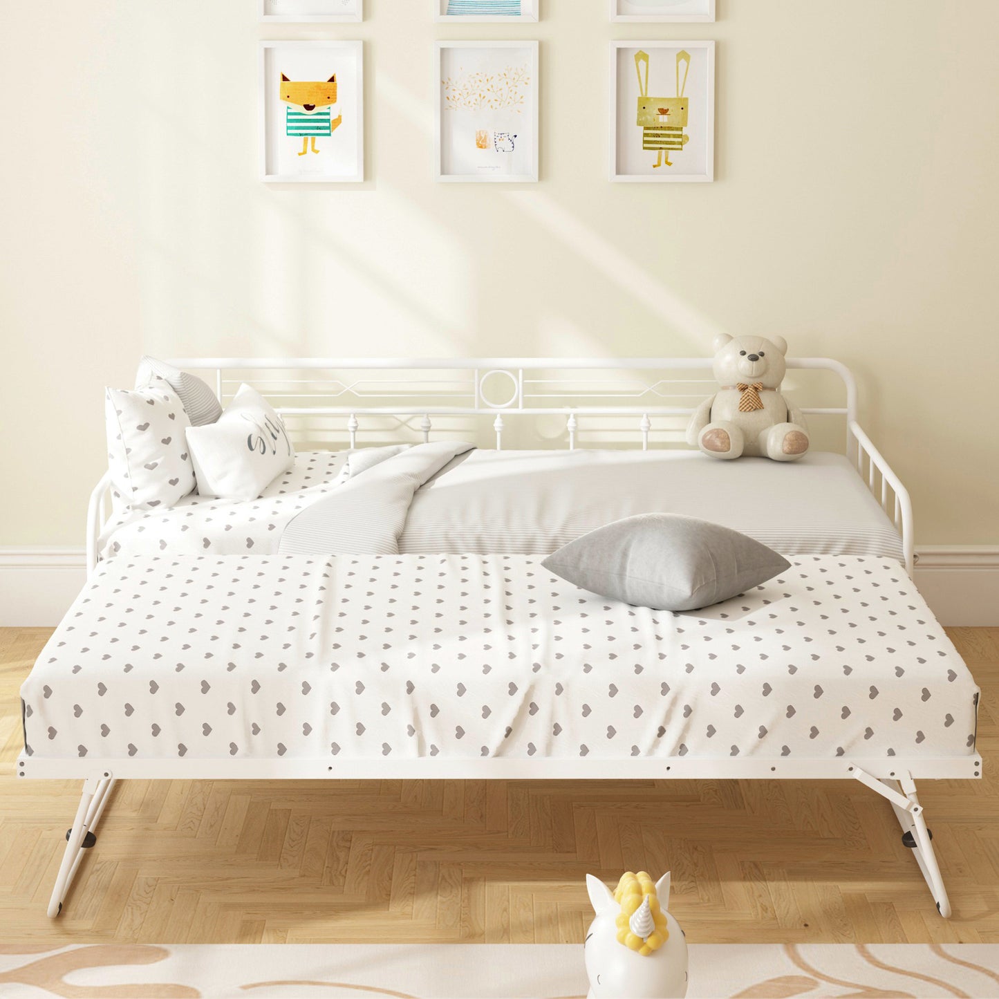 SYNGAR Daybed with Trundle, Twin Size Metal Daybed with Pop Up Trundle, Sofa Bed Day Beds Frame, Bedroom Living Room Furniture for Kids Boys Girls Adults Guest, White