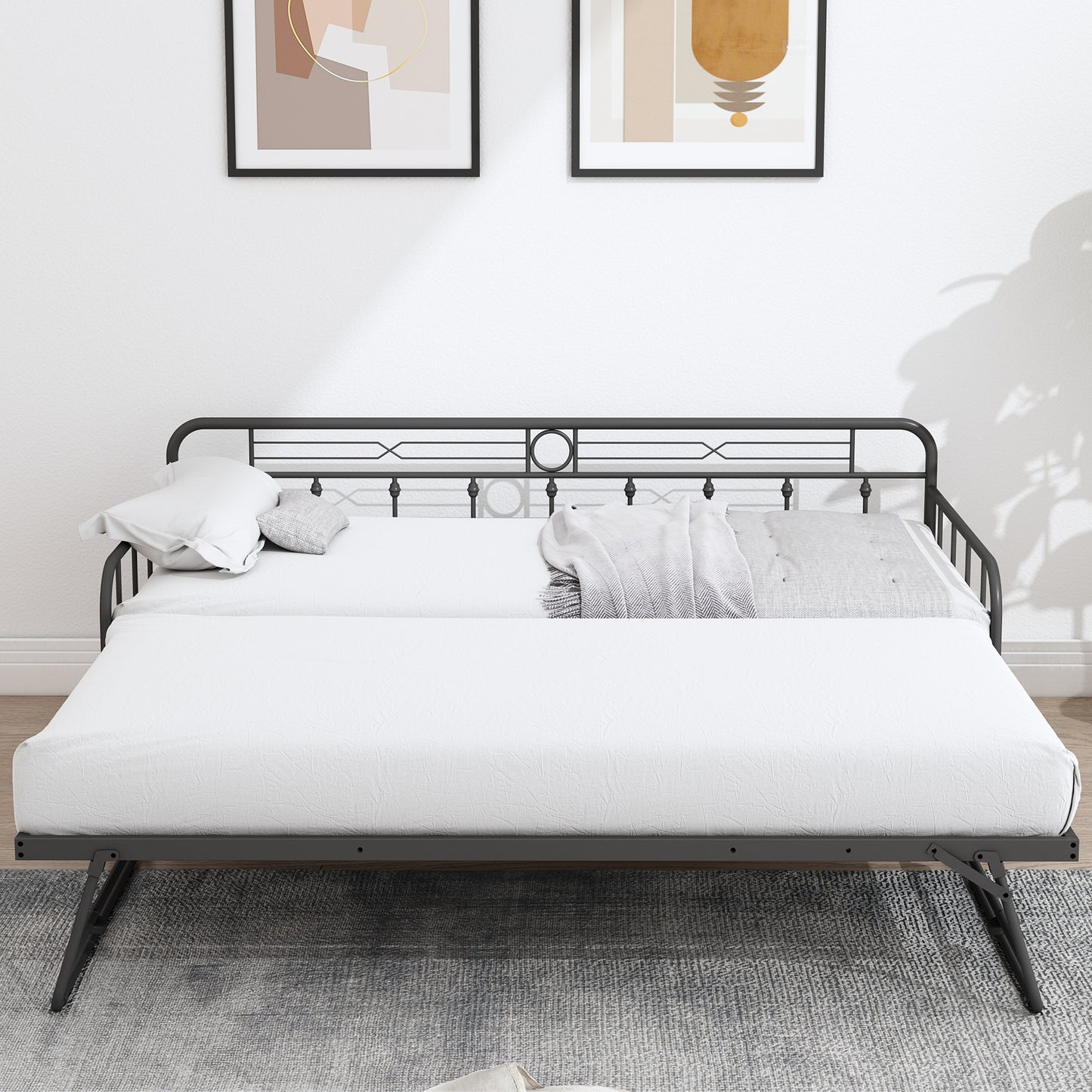 SYNGAR Twin Size Daybed with Pop Up Trundle for Kids Adults, Modern Metal Sofa Bed Platform Bed with Adjustable Trundle Can be Risen as High as Bed, Strong Steel Slat Support, Black