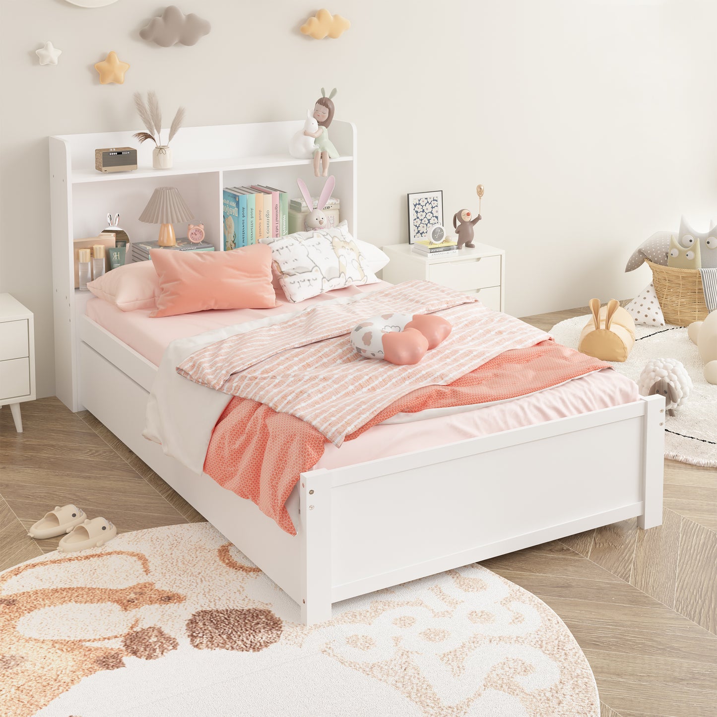 SYNGAR Twin Bed Frame with Trundle and Storage Bookcase, Modern Kids Platform Bed Frame with Pull Out Trundle, Solid Wood Trundle Bed with Headboard and Footboard, No Box Spring Needed, White